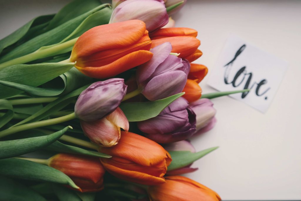 Tulips and love written in calligraphy.