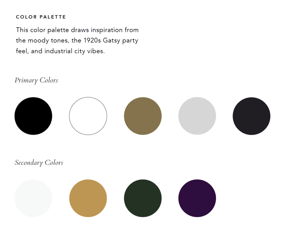 Color palette for a dark and moody wedding venue inspired by Great Gatsby