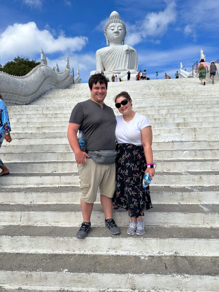 Emily Foster and Shane Keller at Big Buddha temple in Phuket Thailand