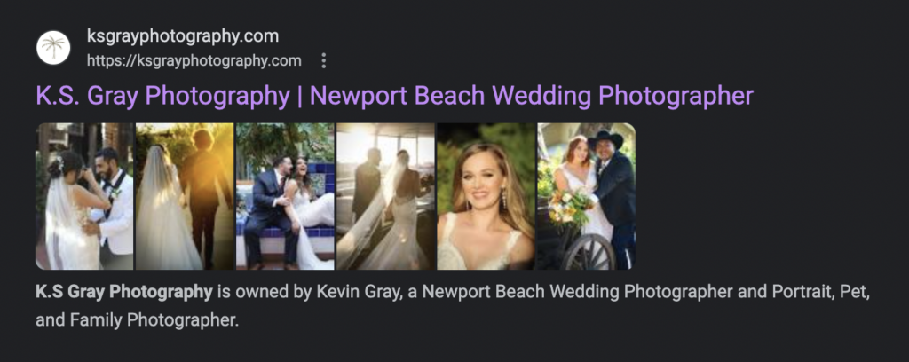 screenshot of a Google listing for a wedding photographer's website
