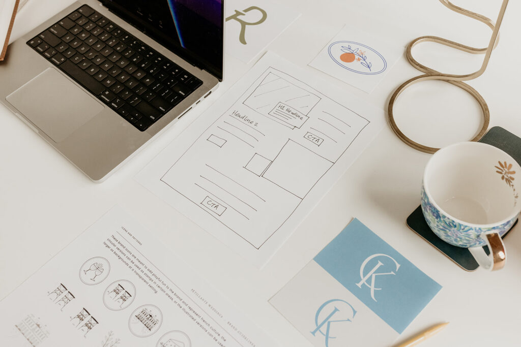 website wireframe, branding, and a laptop sitting on a desk