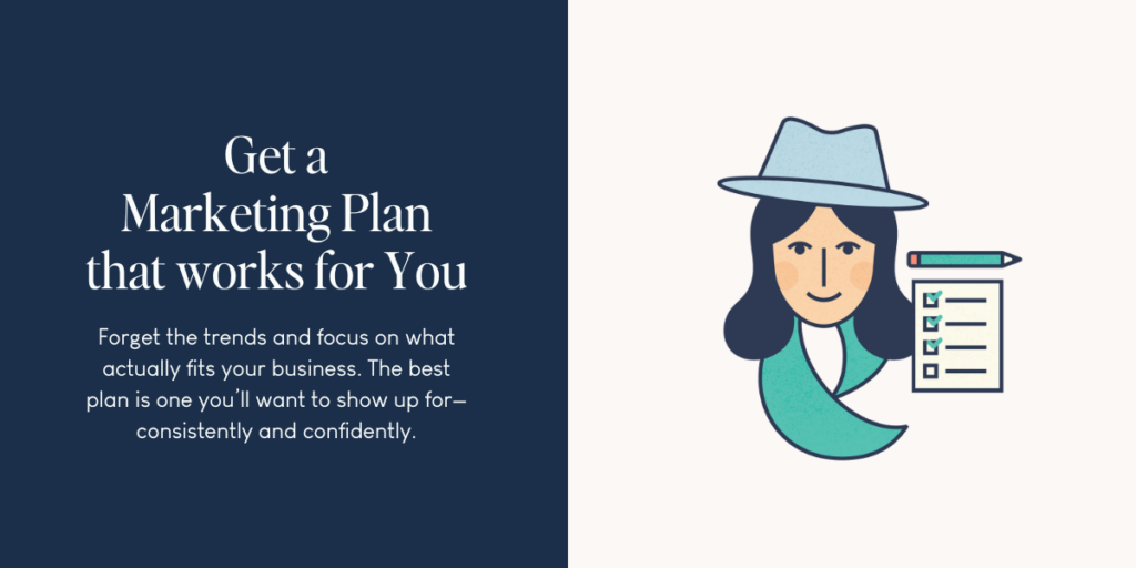 Illustration of a business owner with a checklist and pencil, promoting a personalized marketing plan