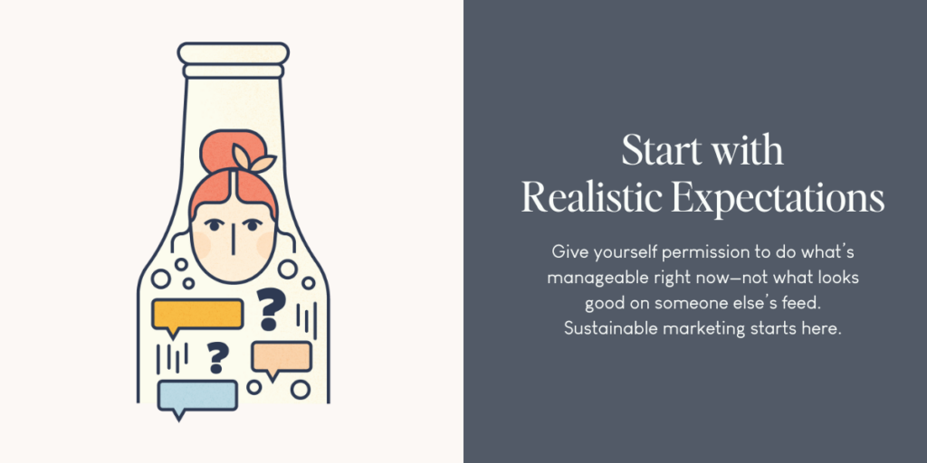 Graphic showing a woman in a bottle with question bubbles, symbolizing overwhelm in marketing