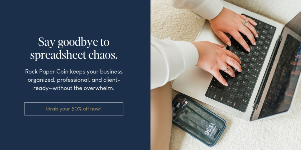 Emily Foster typing on a laptop next to a phone with text: Say goodbye to spreadsheet chaos. Grab your 50% off now!