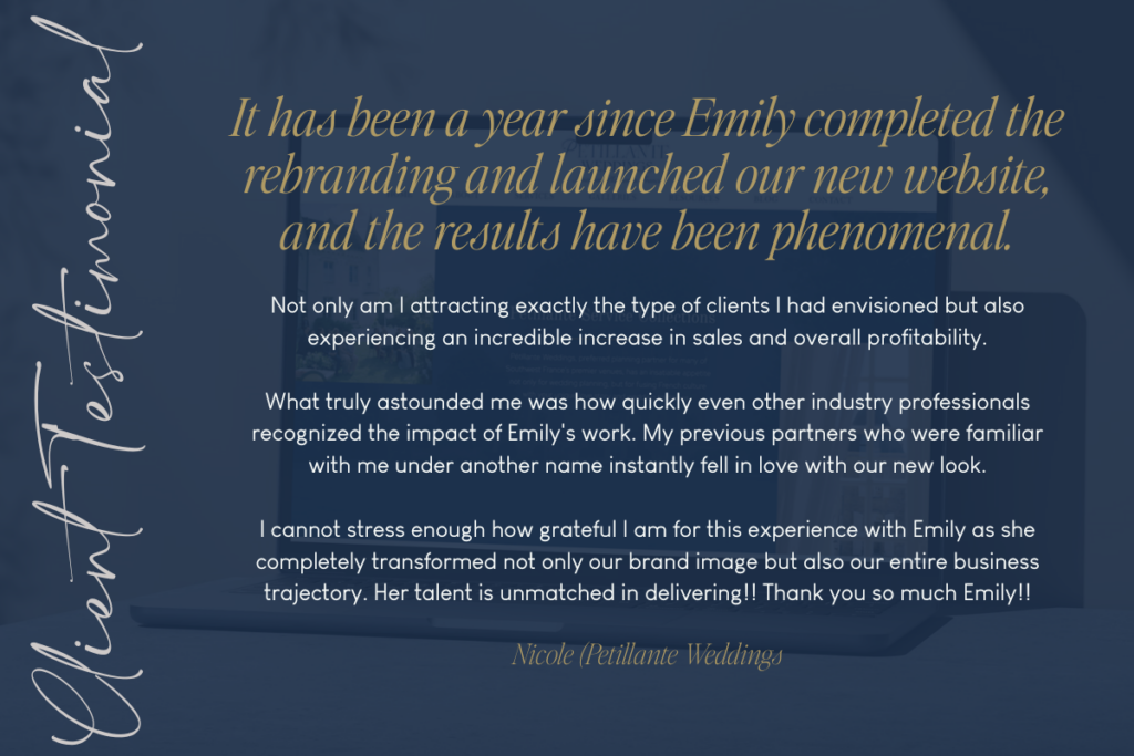 Client testimonial praising SEO optimization results for a wedding planner website by Emily Foster