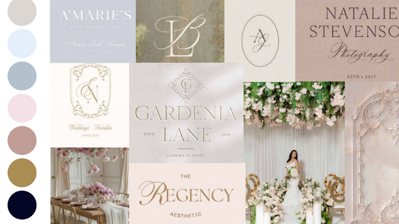 Luxury brand mood board with floral design, soft neutrals, logos, and elegant serif typography.