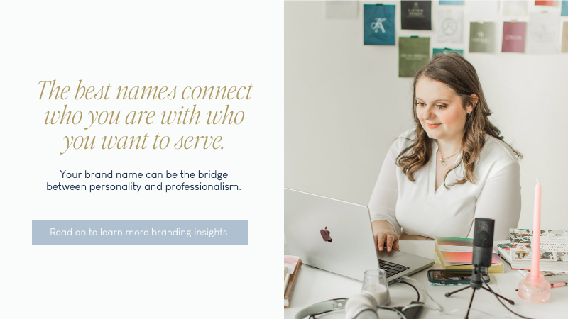 Emily Foster working on her laptop during a podcast recording session with branding materials on the wall behind her