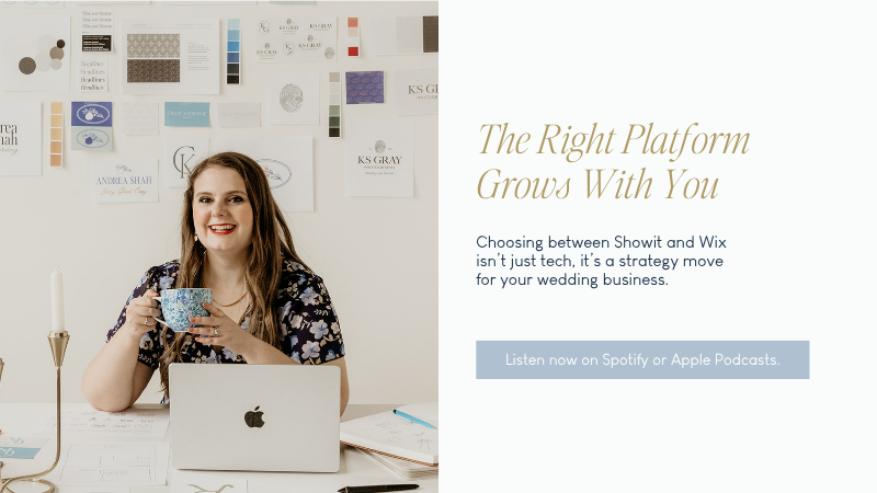 Graphic for showit vs wix or wedding business with Emily's photo