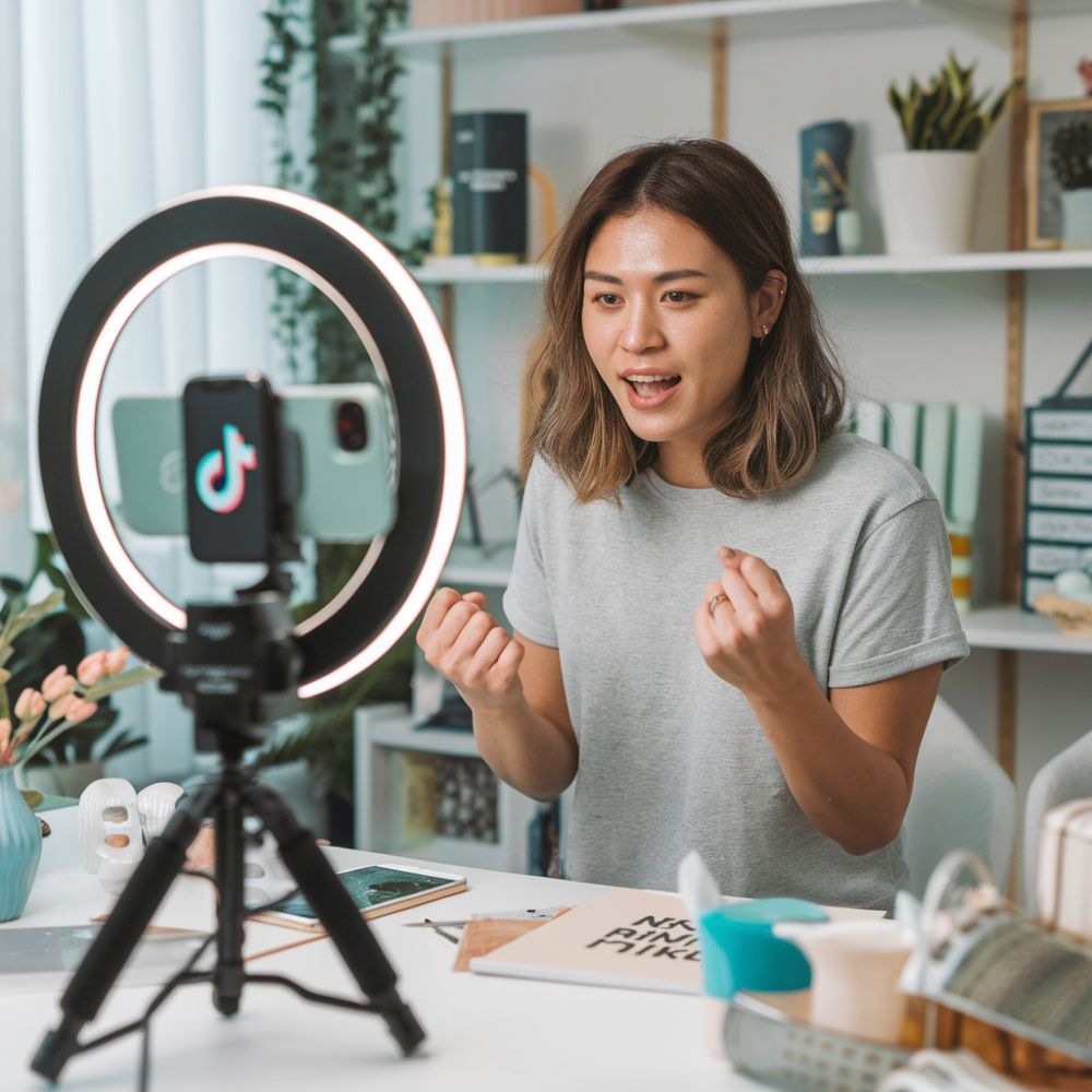 Woman filming herself for a video content in front of her phone on a tripod