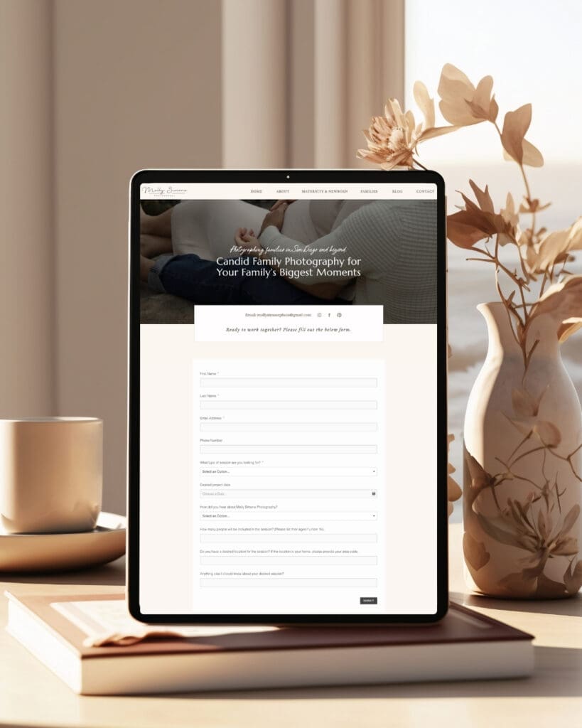 Tablet displaying a family photography inquiry form