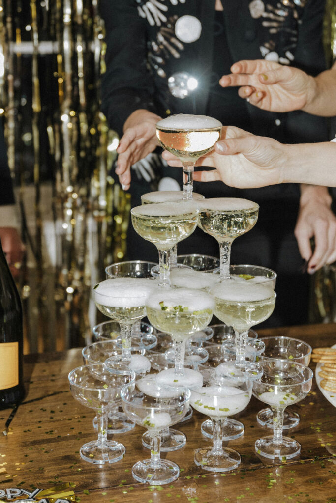 Champagne tower at a wedding reception
