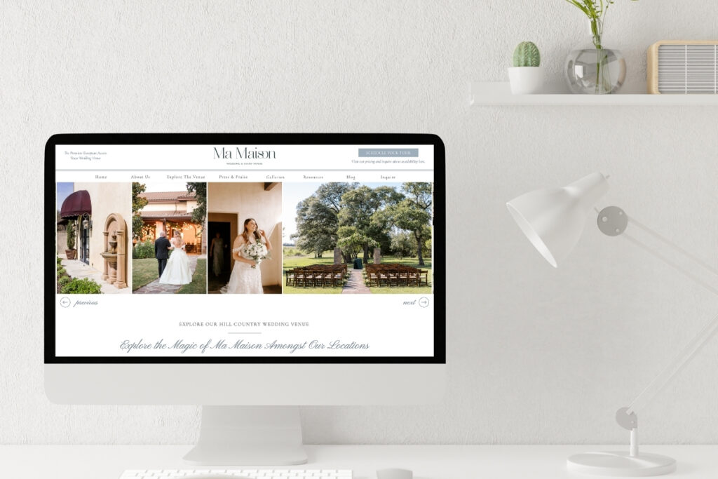 Desktop screen showing wedding venue website mockup