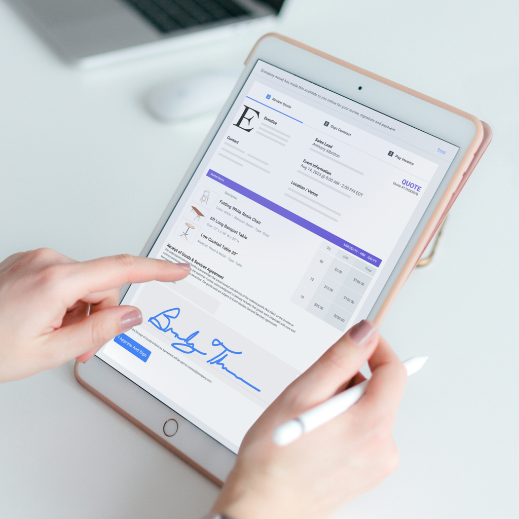 Client signing an event rental quote on a tablet in Goodshuffle Pro, with chairs and tables itemized above the signature line