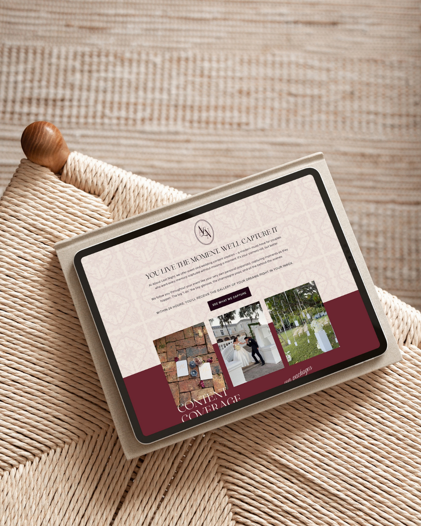 Wedding photography website displayed on a tablet.