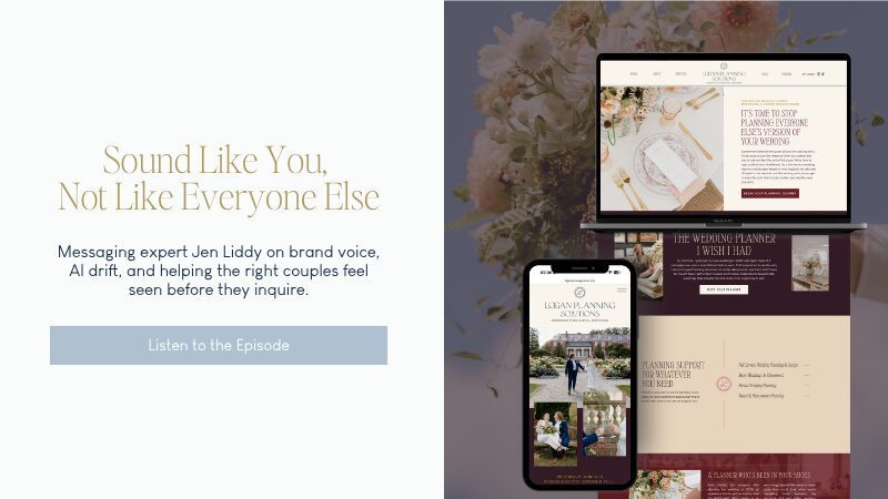 Wedding planning website mockups with brand messaging podcast promotion.