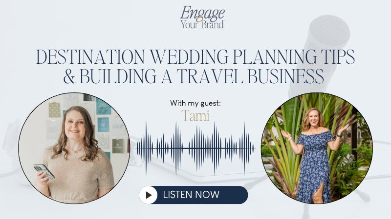Podcast graphic about destination wedding planning and travel business