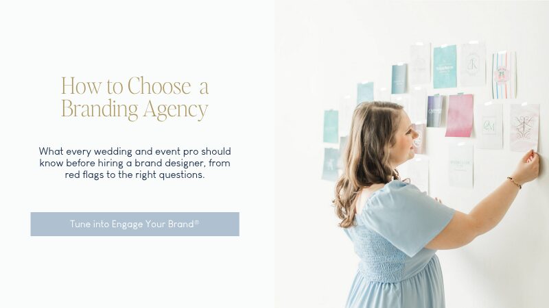 Branding agency podcast graphic with Emily reviewing brand designs