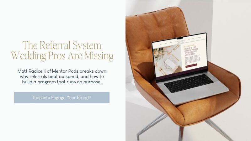 Laptop on a brown chair featuring a wedding business website.