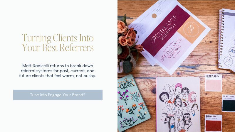 Referral marketing podcast graphic with wedding branding materials