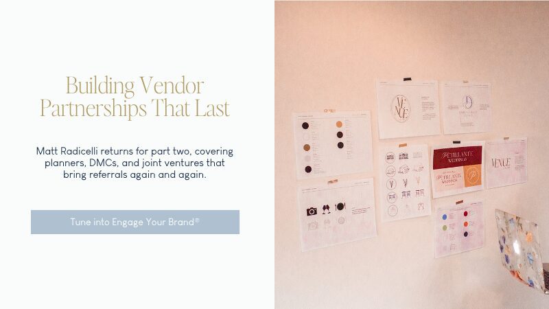 Vendor partnership podcast graphic with branding materials